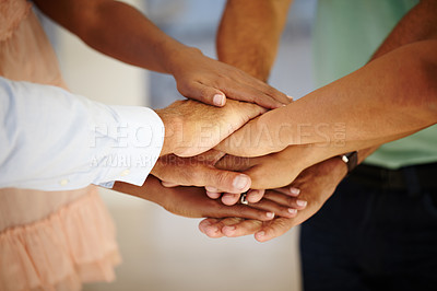 Buy stock photo Teamwork, support and hands together of business people for motivation, community and trust in office. Employees, diversity and collaboration with target, partnership and agreement in solidarity