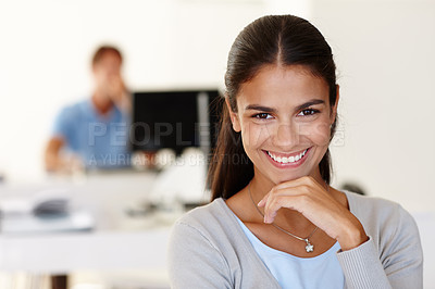 Buy stock photo Woman, portrait and business smile in office at creative company with graphic designer or professional, confident or pride. Female person, face and startup agency or workplace, career or employee