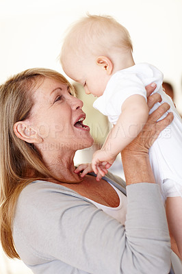 Buy stock photo Family, baby and grandma playing with smile in home for motor development and growth in Australia. Happiness, grandparent and child or little boy for bonding together and affection in apartment