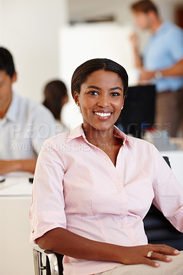 Buy stock photo Portrait, black woman and professional with smile in office with smart casual fashion for corporate career, workplace or company. Female person, happy and proud in workspace for job as consultant