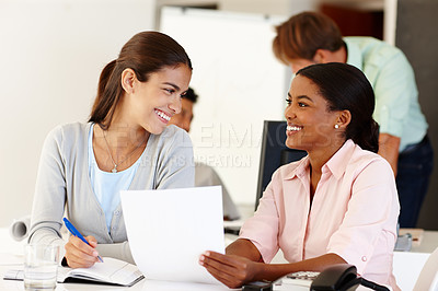 Buy stock photo Documents, women or happy business people in meeting for report, discussion or portfolio for project. Smile, teamwork and workers planning in office talking, conversation or speaking of paperwork