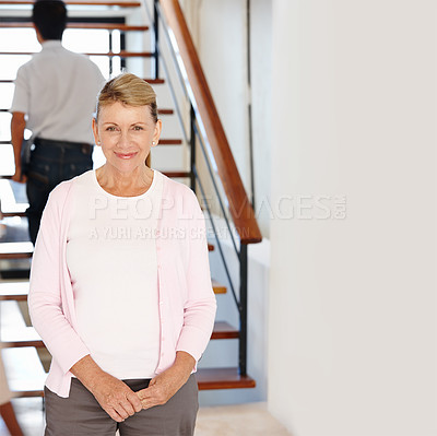 Buy stock photo Happy senior woman and smile for business career, expertise and experience in management at office. Portrait of confident and businesswoman, mature manager or ceo of small company in workplace