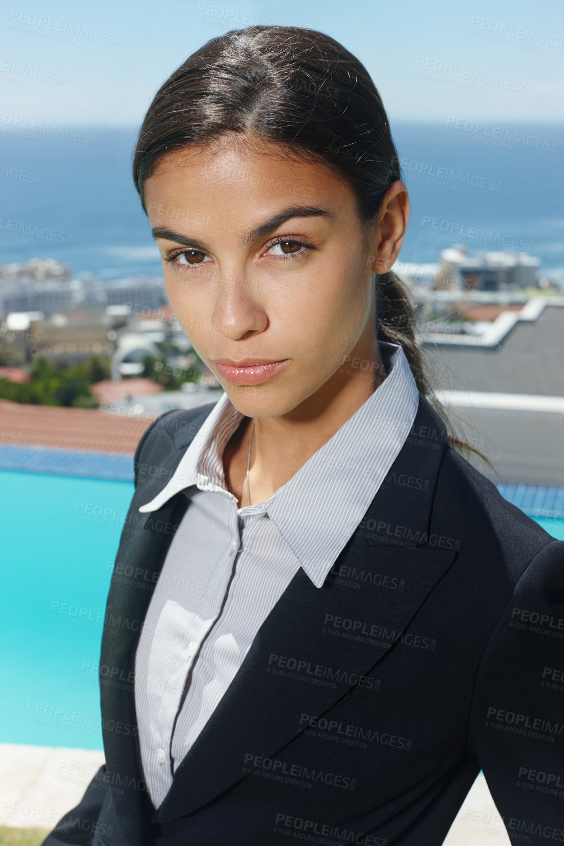 Buy stock photo Businesswoman, portrait and outdoor in suit, corporate and real estate for agency. Female realtor, formal and professional with targets, sales and rentals for properties in Cape Town South Africa