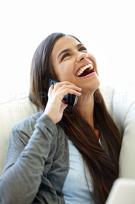 Buy stock photo Phone call, funny and laughing woman, smartphone and couch at home for relax. Joke, comic and conversation on cellphone or technology for social female person, mobile networking or humour on sofa