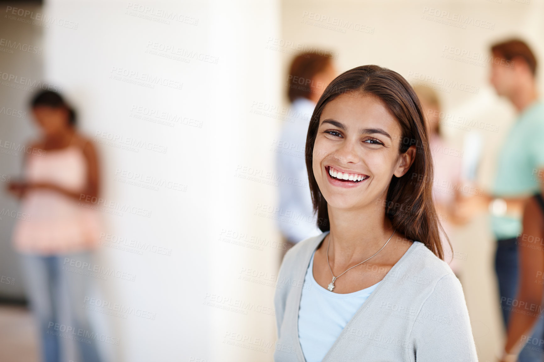 Buy stock photo Woman or student, portrait and happy at campus for learning or education in media and journalism for future career. Female person or gen z, university and academy for knowledge, studying and degree.