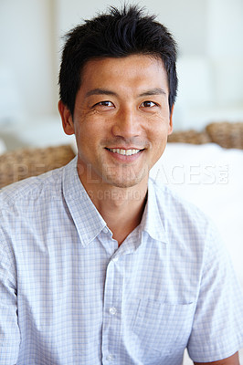 Buy stock photo Asian man, portrait and startup or entrepreneur with smile at home, happiness or glee with confidence. Male person, administrator and joy for business at house with founder, owner or positive worker
