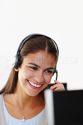 Buy stock photo Woman, headset and smile in work office, telemarketing and communication for sales with people on technology. Telecom, customer service and b2b employee with call centre agent, helping or advice