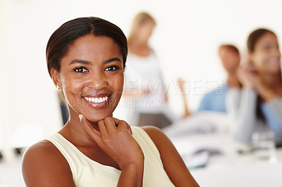 Buy stock photo Portrait, business and happy black woman in office, workplace and company for startup job. Face, professional and African entrepreneur, employee and creative editor thinking of career for coworking