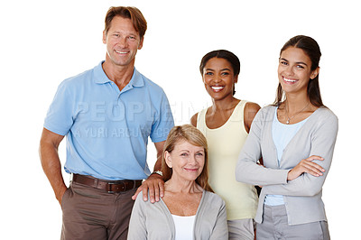 Buy stock photo Teamwork, support and business people in portrait in studio with happiness, confidence and trust on white background. Diversity, management consultants and partnership with smiles in Australia