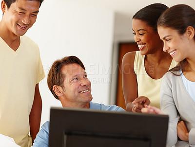 Buy stock photo Diversity, coworker and happy at office with computer for teamwork, collaboration and coworking. Colleagues, people and smile as group for startup company or business and satisfied with growth