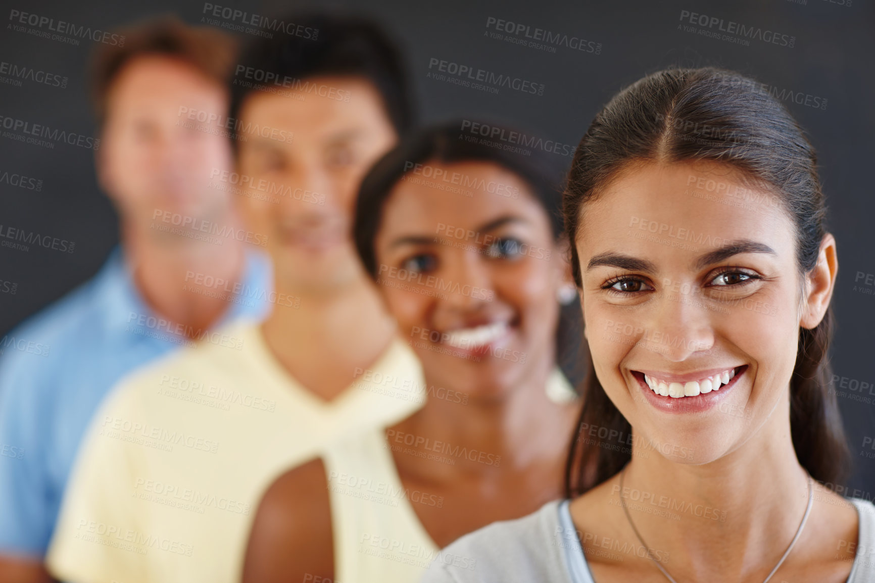 Buy stock photo Diversity, coworker and row with smile for teamwork or collaboration and coworking with dark background as graphic designers. Portrait, colleagues and people as employees in happiness for growth. 