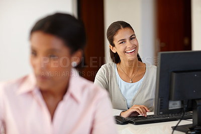 Buy stock photo Woman, portrait and happy at computer in office with typing, research and career at creative media agency. Business people, employee or girl for writing, editing or proofreading with smile at startup
