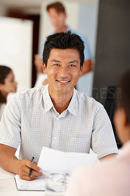 Buy stock photo Documents, Asian man or business people in meeting for report, agenda discussion or portfolio for project. Smile, teamwork or workers planning in office talking, conversation or speaking of paperwork