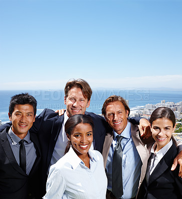 Buy stock photo City, view and business people together for portrait with diversity, happiness and teamwork for career in real estate. Men, women and team for property management, unity and corporate professionals.