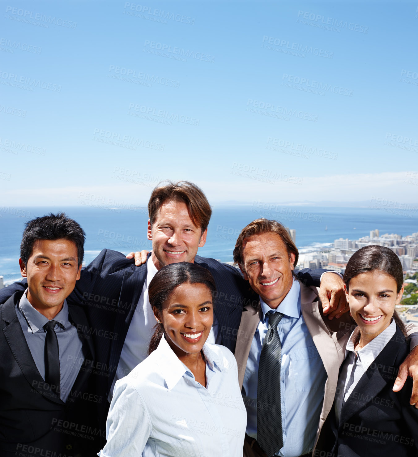 Buy stock photo City, view and business people together for portrait with diversity, happiness and teamwork for career in real estate. Men, women and team for property management, unity and corporate professionals.
