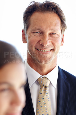 Buy stock photo Portrait, professional and man in studio, corporate and company for CEO of startup of business. White background, executive and male person with smile for career, pride and confidence for job