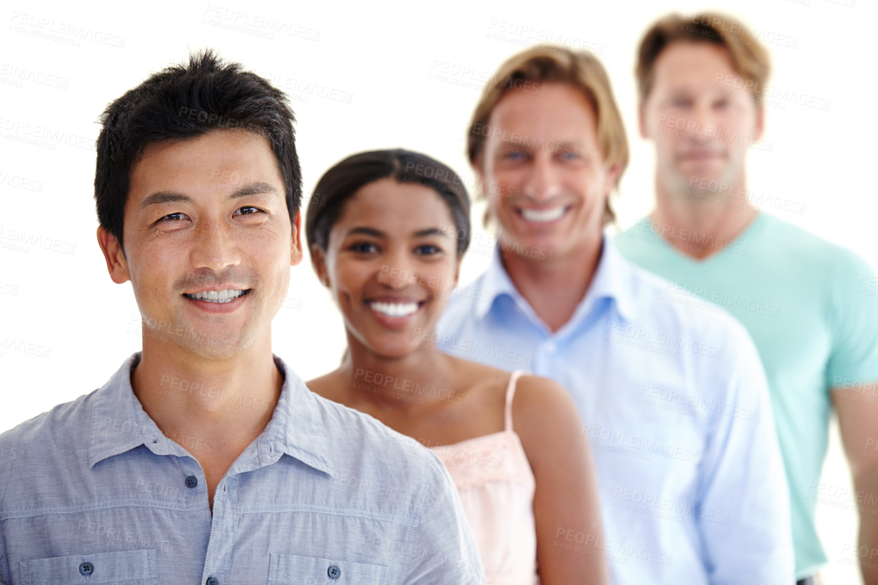 Buy stock photo Professional, people or portrait of team with smile for community, diversity or population on white background. Collaboration, happy or partnership in creative career with staff, employees or workers