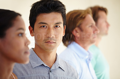 Buy stock photo Asian man, diversity and coworker in row for teamwork or collaboration and coworking as graphic designers. Portrait, colleagues and people as employees with confidence for startup business and growth