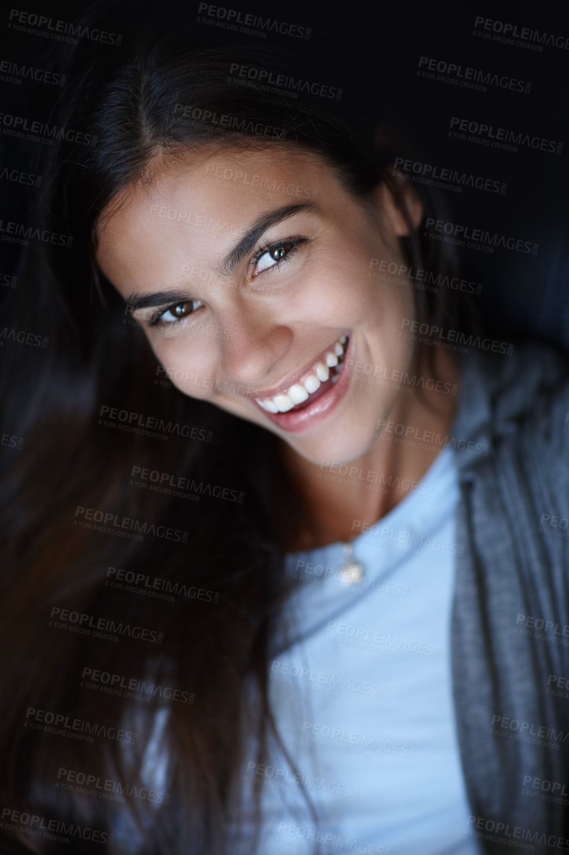 Buy stock photo Happy woman, smile or portrait in studio for skincare or cosmetology for natural shine or face. Cosmetics, beauty or girl with healthy glow or dermatology results for wellness on black background