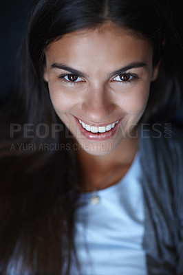 Buy stock photo Happy woman, results or portrait in studio for skincare or beauty for natural shine or face. Model, smile or proud girl with healthy glow or dermatology cosmetics for wellness on black background