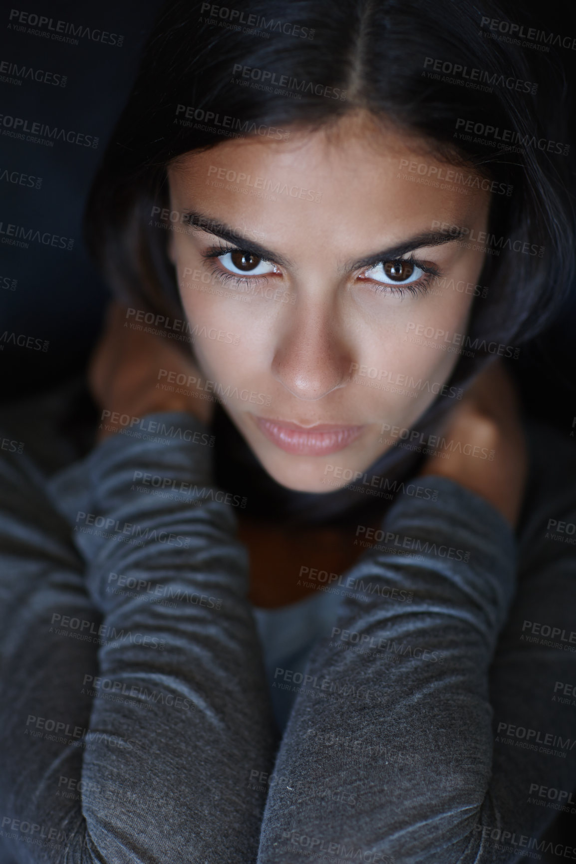 Buy stock photo Woman, nervous or worried in portrait for mental health, depression and anxiety with hands on neck. Person, suffering or afraid of social outcome for awareness, support and community kindness