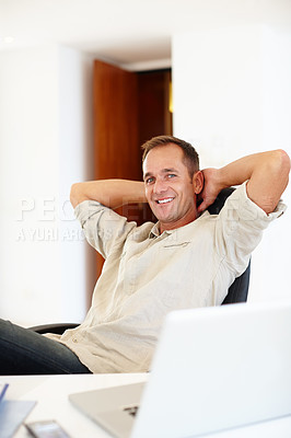 Buy stock photo Portrait, confident or man at laptop to relax, finish or download of streaming, subscription or file. Happy, startup founder or pc on work break to wait for online task or digital news on internet