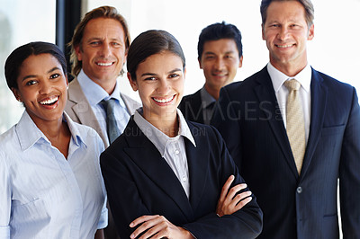 Buy stock photo Business people, portrait and teamwork in corporate office, diversity and career pride for collaboration. Happy, face and legal team in confidence with arms crossed, lawyer and solidarity in law firm