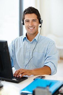 Buy stock photo Computer, portrait and businessman consulting for call center in office with crm, faq or b2b networking. Microphone, telemarketing or face of happy male consultant with pc, help and customer support