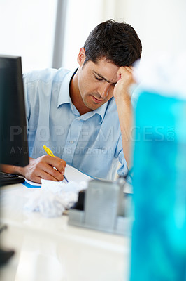 Buy stock photo Paperwork, stress or businessman writing with headache for financial crisis, bored or frustrated by accounting. Tax mistake, boring documents or sad accountant with brain fog, burnout or debt risk