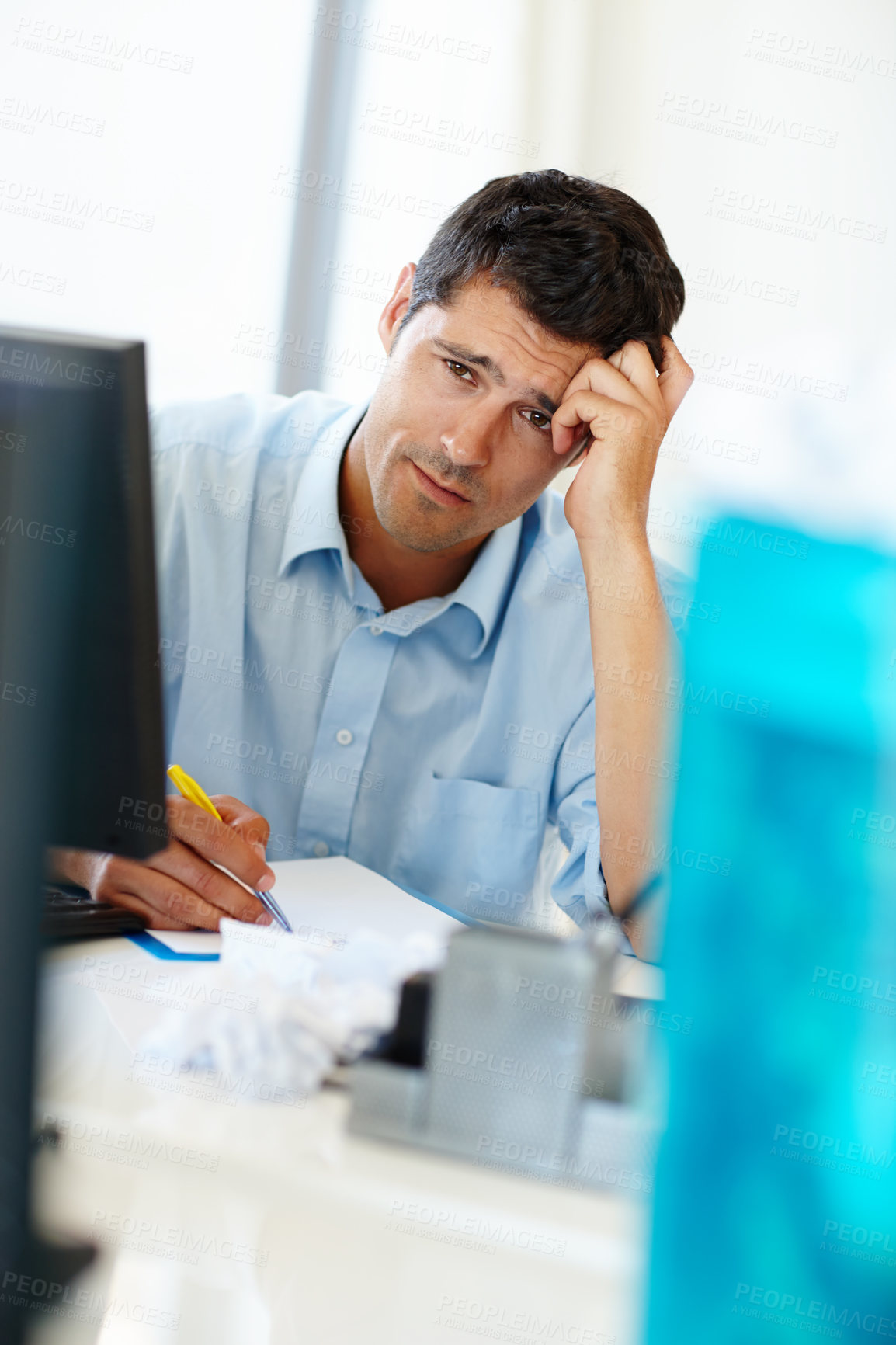 Buy stock photo Office, paper and businessman with stress by monitor for burnout, financial deadline and frustrated at desk. Accountant, documents and pc with headache for anxiety company taxes or expense mistake