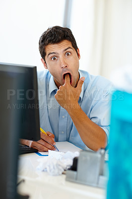 Buy stock photo Business, nausea and man with finger in mouth in office, overworked and disgusted by paperwork. Computer, hr management or businessman with document or pen in workspace, grumpy and tired with work