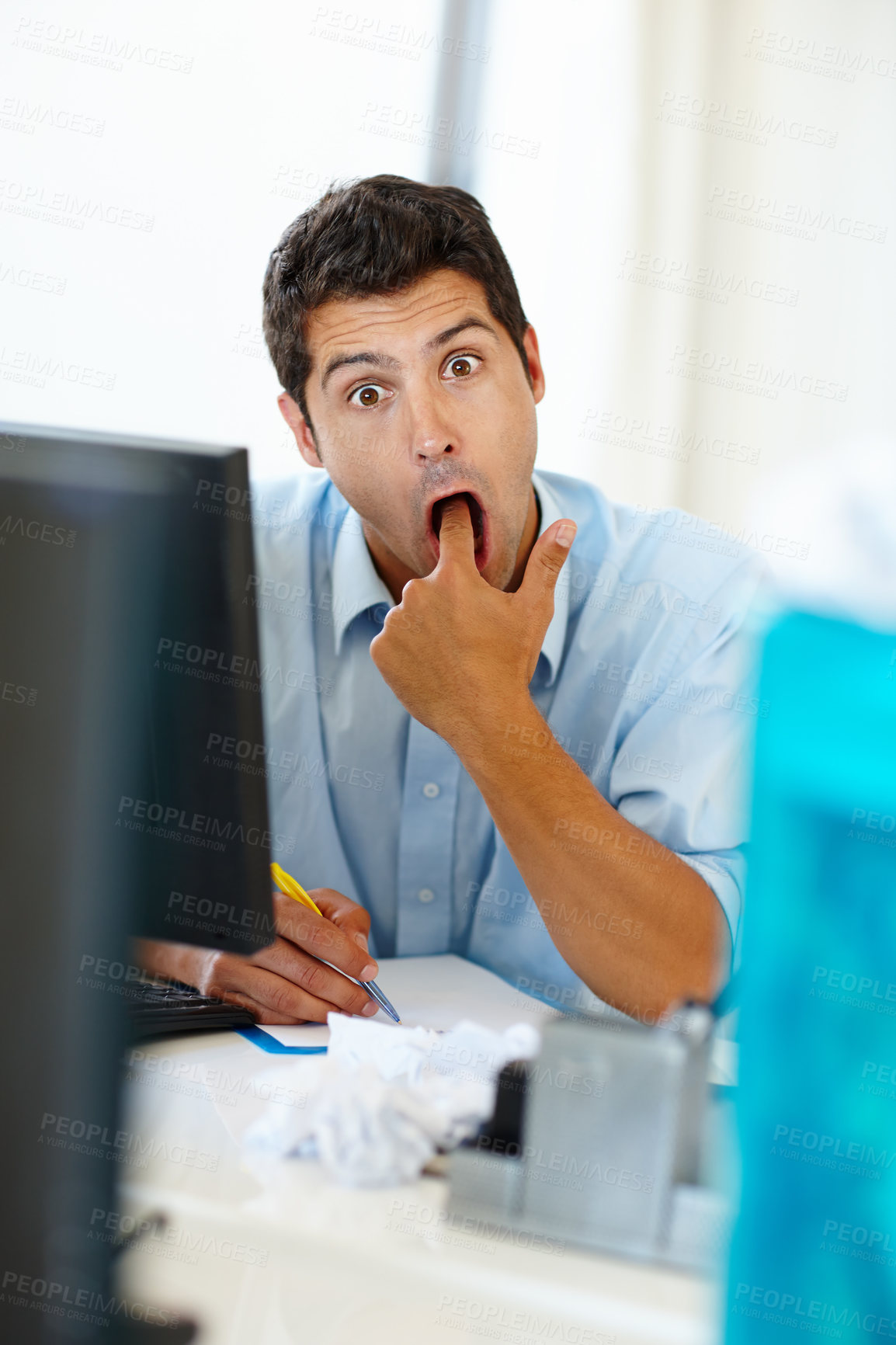 Buy stock photo Business, nausea and man with finger in mouth in office, overworked and disgusted by paperwork. Computer, hr management or businessman with document or pen in workspace, grumpy and tired of work