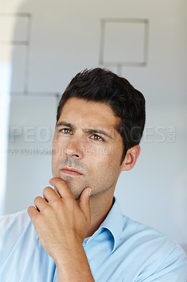 Buy stock photo Corporate, office and man with thinking in glass board for idea or vision for startup company, planning and brainstorming. Entrepreneur, businessman and contemplate or reflect on strategy for project