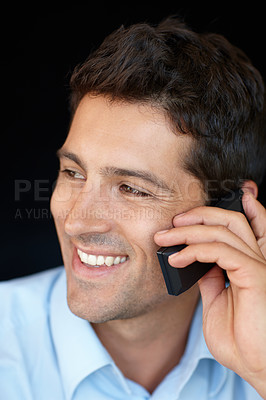 Buy stock photo Man, happy and cellphone for phone call as lawyer in dark background for conversation with client at law firm. Closeup, entrepreneur and smile with discussion for connection, networking and business
