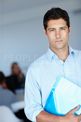 Buy stock photo Serious, folder and portrait of businessman in office for administration, policy review and pride in career. Male person, face and confident with paper at work for professional, job or startup