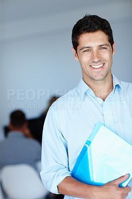 Buy stock photo Smile, folder and portrait of businessman at work for administration, policy review and pride in career. Male person, confidence and happy with file in office for professional, startup and job