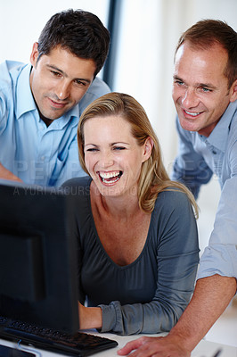 Buy stock photo Business people, smile and Pc with laugh in office for funny email, feedback or media post. Employees, happy and comedy with computer for communication, connectivity and break in company meeting