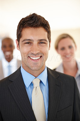 Buy stock photo Happy, coworkers and lawyers in corporate portrait, businessman and team in office. Attorneys, confident partnership in law firm for legal advice, smile with people for company meeting in workplace