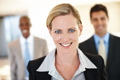 Buy stock photo Lawyer, smile and portrait of businesswoman at law firm for team building, meeting and legal job. Professional employees, diversity and happy in office for collaboration, solidarity and partnership