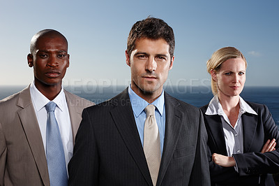 Buy stock photo Portrait, diversity and business people in group for corporate company, outdoor and confidence by ocean. Team, men and woman collaboration with management for executive, workforce and leadership.