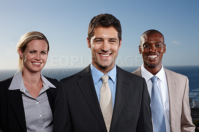 Buy stock photo Portrait, diversity and business people with pride in group for corporate team, outdoor and smile by ocean. Men, woman and collaboration with management for entrepreneur, workforce and leadership.