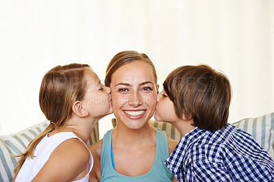 Buy stock photo Mother, children and kiss with smile, portrait and happy family for bonding in living room. Woman, kids and home or house and positivity, love or lounge with childhood affection on sofa in apartment