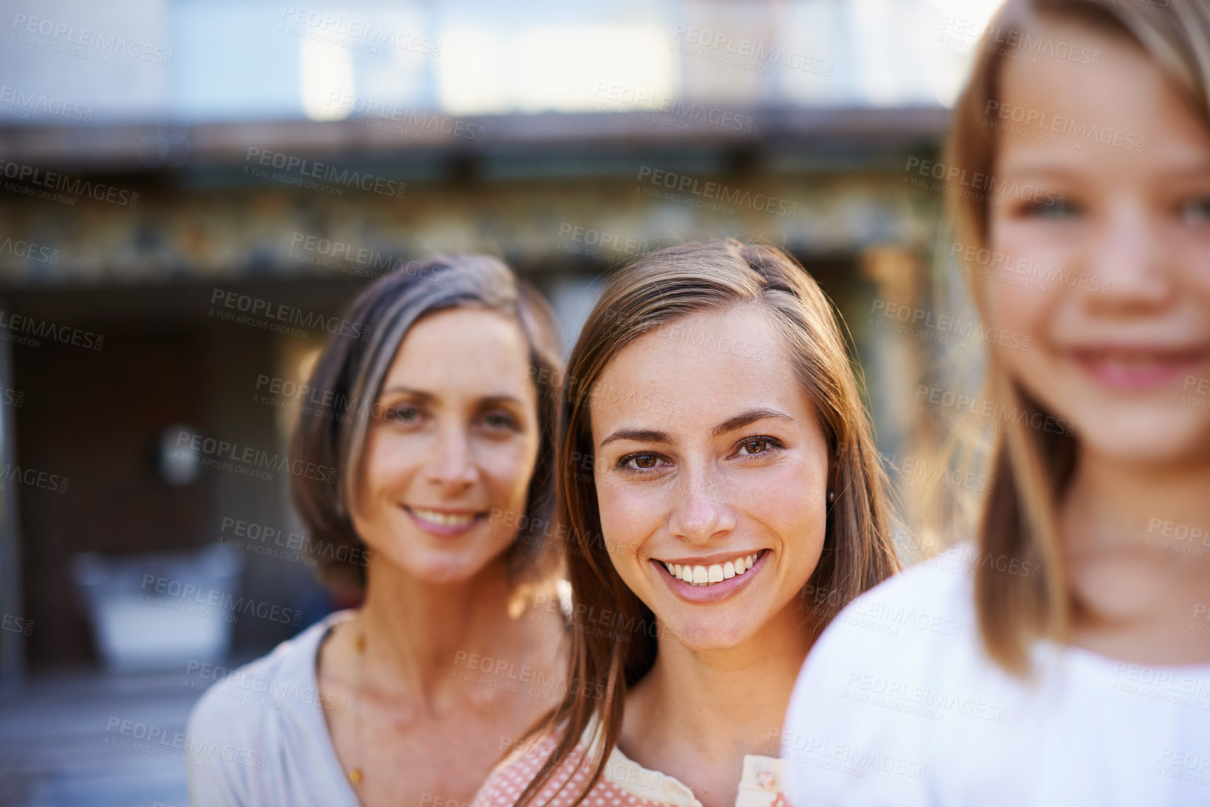 Buy stock photo Smile, family and portrait of woman, generation and mother with children in home. Face, happy and girl child with senior grandmother and mom, parents and support or love for bonding in summer