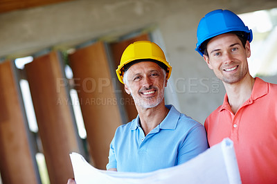 Buy stock photo happy, architect and student with blueprints, hard hat or safety equipment for renovation. Portrait of trainee and engineer with building plans for house reconstruction and development project.