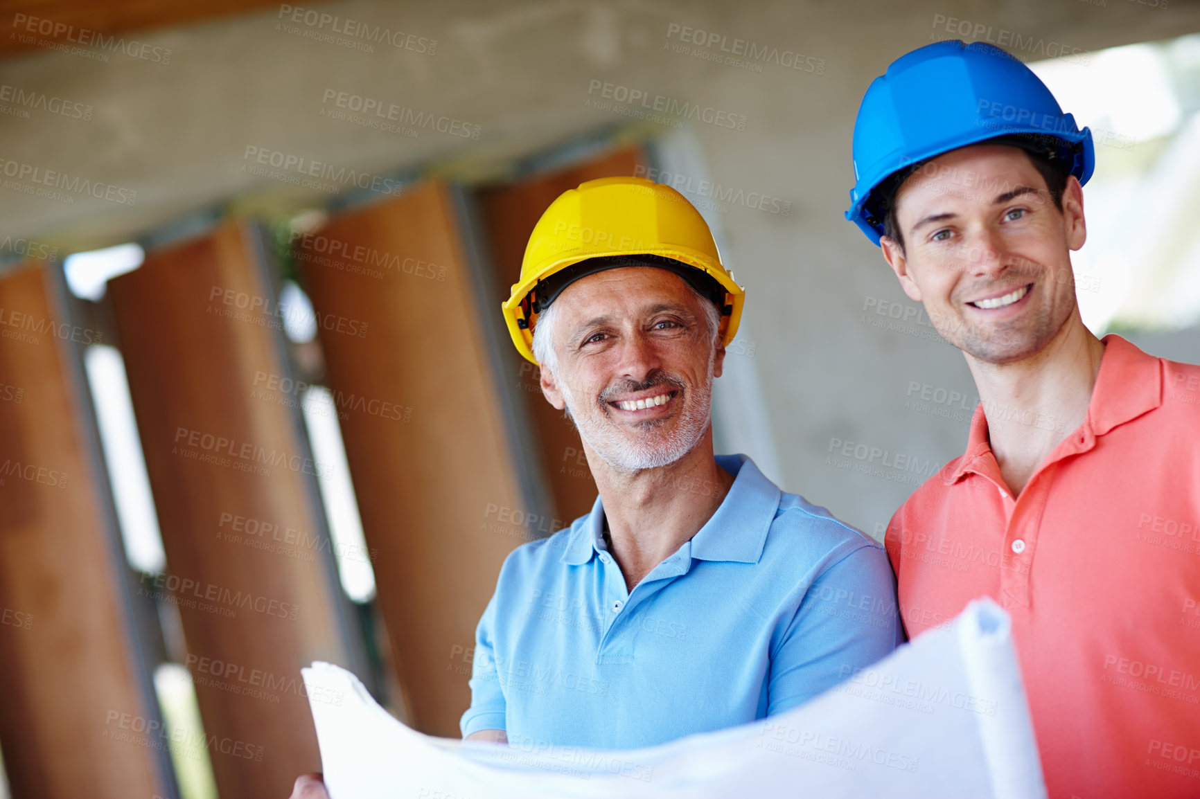 Buy stock photo Happy, architect and student with blueprints, hard hat or safety equipment for renovation. Portrait of trainee and engineer with building plans for house reconstruction and development project.