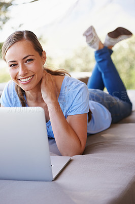Buy stock photo Garden, remote work and portrait of woman with laptop for working from home, freelance job and career. Business, startup and person on computer for typing email, planning and research on website