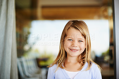 Buy stock photo Girl, child and smile in portrait at home for development, growth or tranquil holiday. Female kid, happy and family house and relaxed for resting, vacation in America or Montana and peaceful