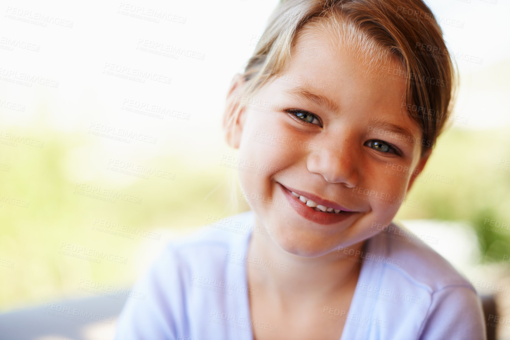 Buy stock photo Girl, child and laugh in portrait at house for development, growth or maturing or holiday. Female kid, smile and family home and relaxed for resting, vacation in peaceful, Montana in America