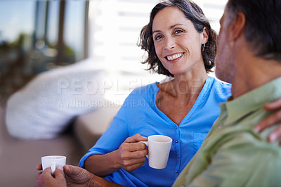 Buy stock photo Portrait, happy woman and man with coffee for love, outdoor and relax together in marriage with security. Face, smile and wife by husband in morning, bonding and mature people to drink tea on porch