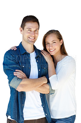 Buy stock photo Couple, hug and portrait with happiness in studio for love with embrace, connection and support together. Man, confident and woman with romance or trust for bonding, security and spouse for comfort